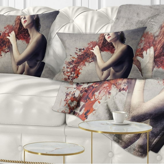 Designart From Red Hair to Leaves - Contemporary Throw Pillow - 12x20