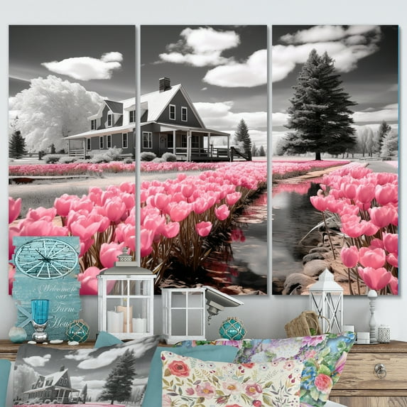 Designart "Frontyard Oasis A Pink Farmhouse" Farm Metal Wall Art Set