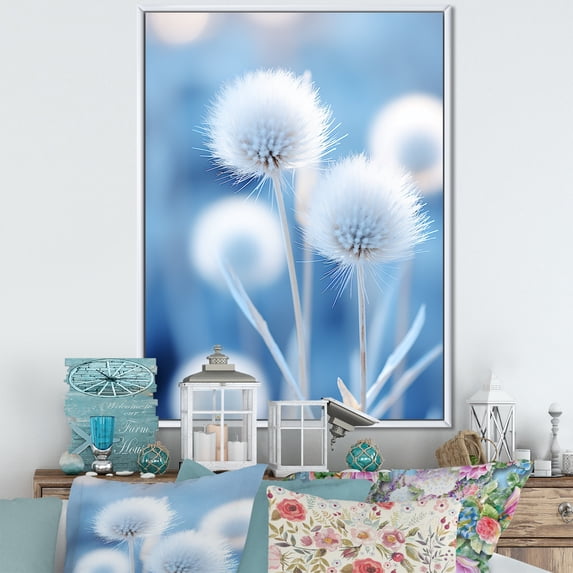 Designart "Frost-Kissed Thistle Flowers in White and Blue" Floral Framed Wall Art - Traditional Blue Thistle Entryway Framed Wall Art