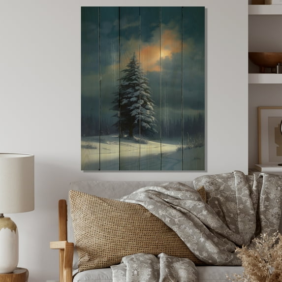 Designart "Frosty Calm Pines II" Landscapes Print on Natural Pine Wood