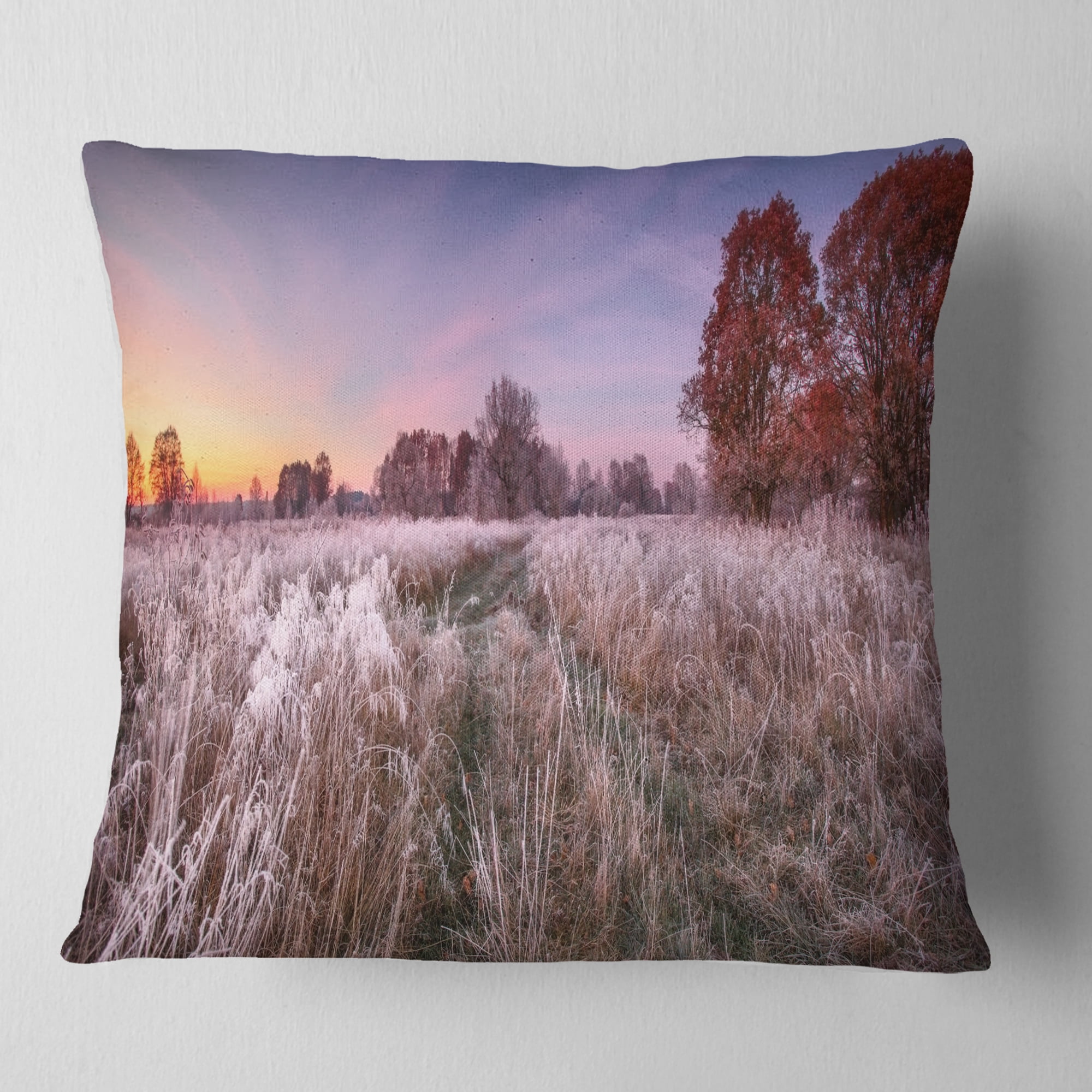 Designart Frosty Fall Trees with Red Leaves - Landscape Printed Throw Pillow - 18x18