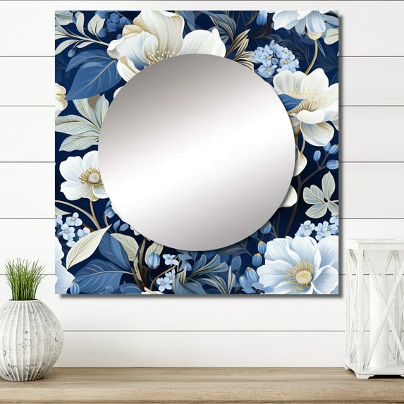 Designart "Frosty Floral Wonderland I" Floral Blue Large Square Mirror - Square Bedroom Mirror Printed Wall Decor - Cottage Square Printed Wall Mirror Art