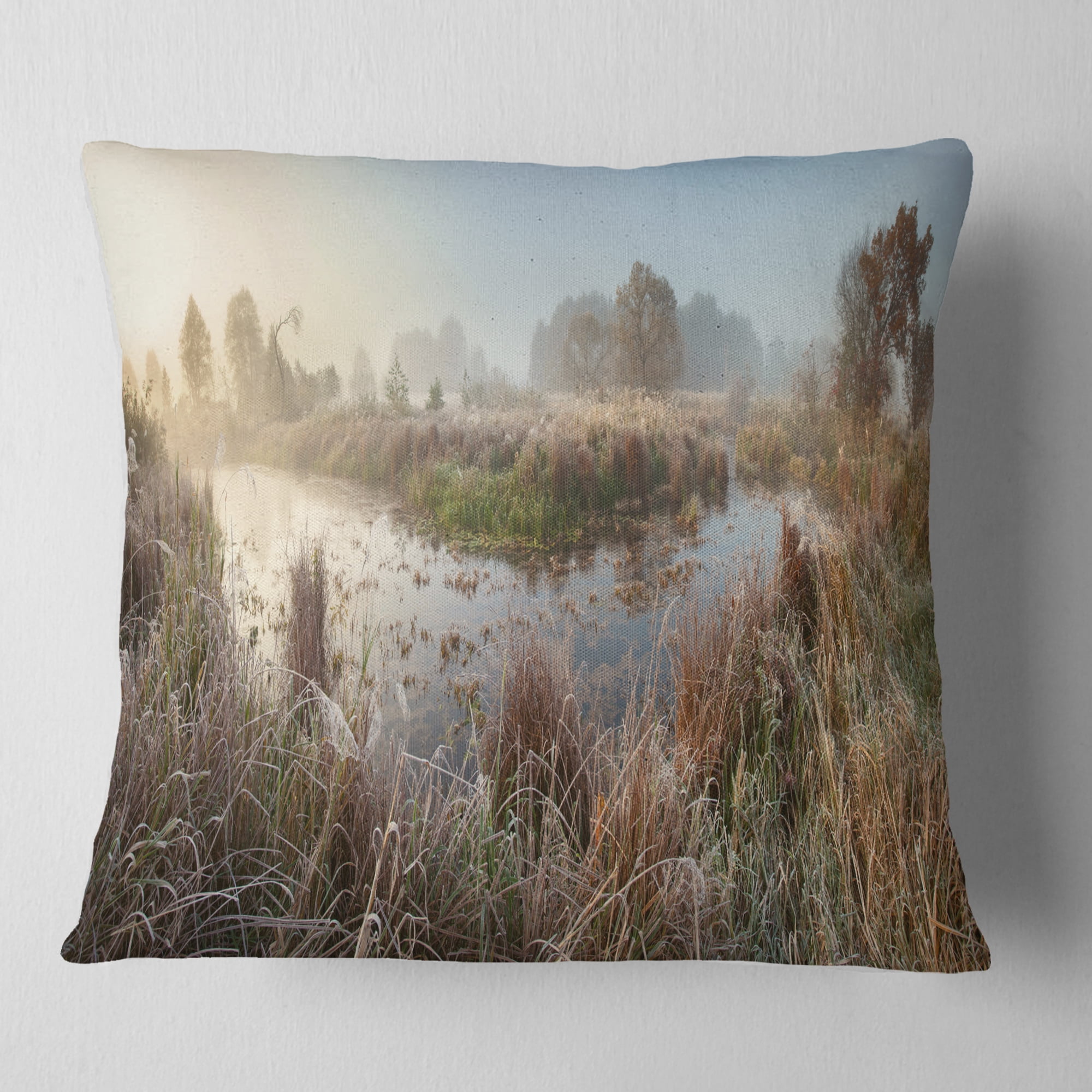 Designart Frosty Grass Aside River Panorama - Landscape Printed Throw Pillow - 16x16