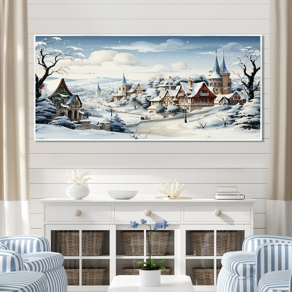 Designart "Frosty Holiday Village Delight II" Extra Large Landscapes Framed Wall Art - Traditional White Winter Landscape Living Room Framed Canvas Art