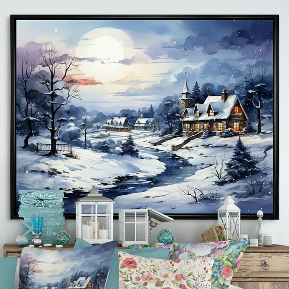 Designart "Frosty Holiday Village Delight III" Landscapes Framed Wall Art - Traditional White Winter Landscape Bedroom Framed Canvas Wall Art