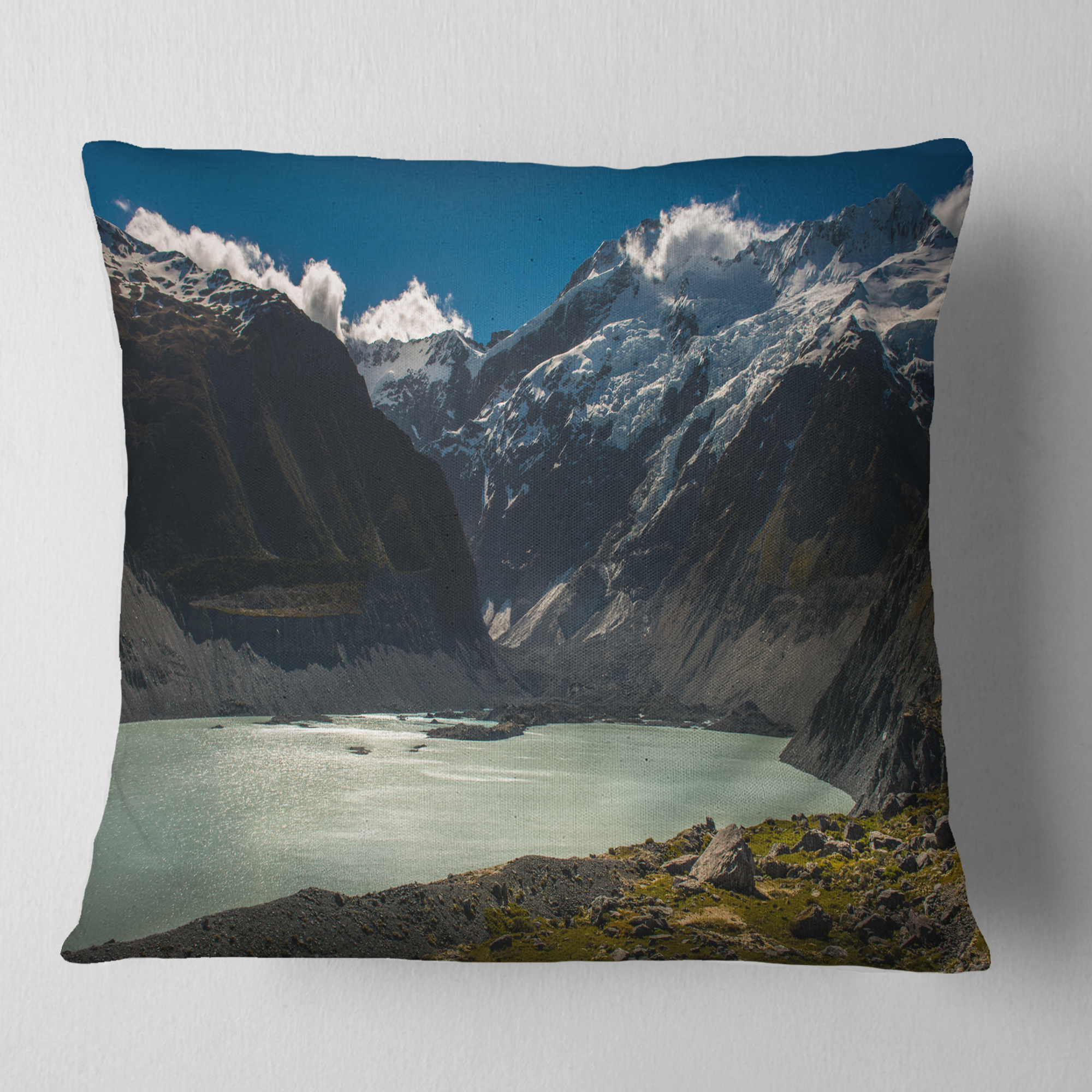 Designart Frosty Mountains Over Blue Lake - Landscape Printed Throw Pillow - 18x18
