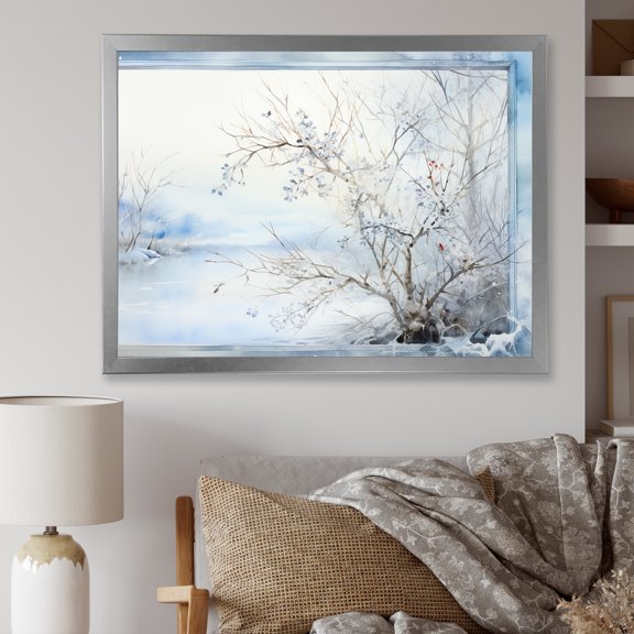 Designart "Frosty Scenic Landscape Winter's Grace I" Landscapes Framed Wall Art Decor - Traditional White Winter Landscape Bedroom Framed Canvas Wall Art
