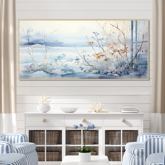 Designart "Frosty Scenic Landscape Winter's Grace II" Extra Large Landscapes Framed Wall Art - Traditional White Winter Landscape Living Room Framed Canvas Art