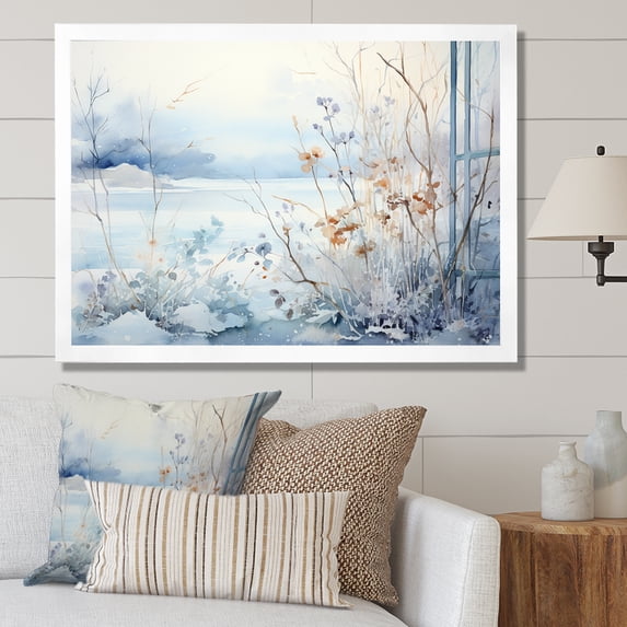 Designart "Frosty Scenic Landscape Winter's Grace II" Landscapes Framed Wall Art Decor - Traditional White Winter Landscape Living Room Framed Canvas Art