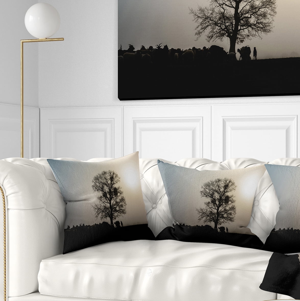 Designart Frosty Spring Morning Sunrise with Tree - Landscape Printed Throw Pillow - 18x18