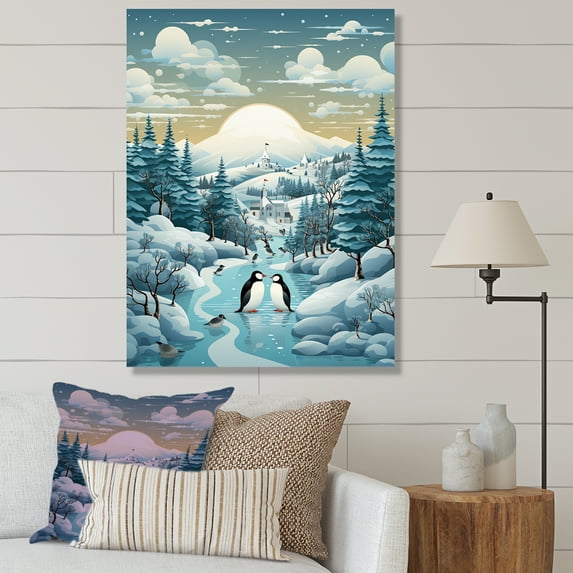 Designart "Frosty Winter Forest in Blue & White" Landscapes Canvas Wall Art - Farmhouse Blue Forest Winter Bedroom Canvas Wall Art