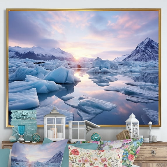 Designart "Frozen Bliss Pink Glacier painting" Landscapes Floater Framed Canvas Print
