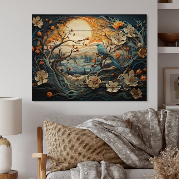 Designart "Frozen Elegance in Winter Papercut" Landscapes Print on Natural Pine Wood