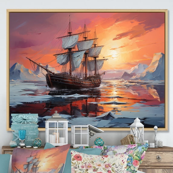 Designart "Frozen Expedition Antartica I" Winter Landscape Floater Framed Wall Art Living Room