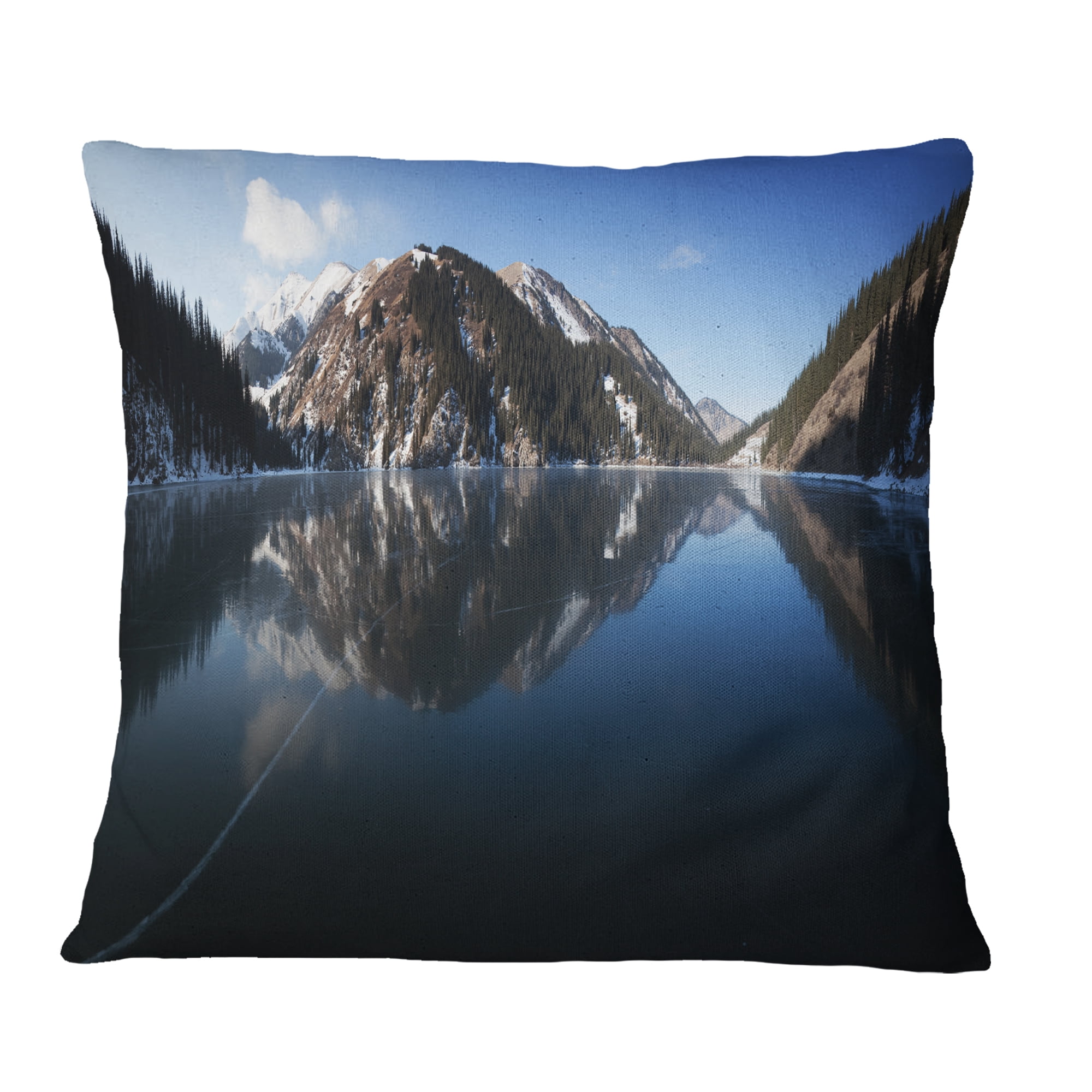 Designart Frozen Mountain Lake Pano - Landscape Printed Throw Pillow - 18x18
