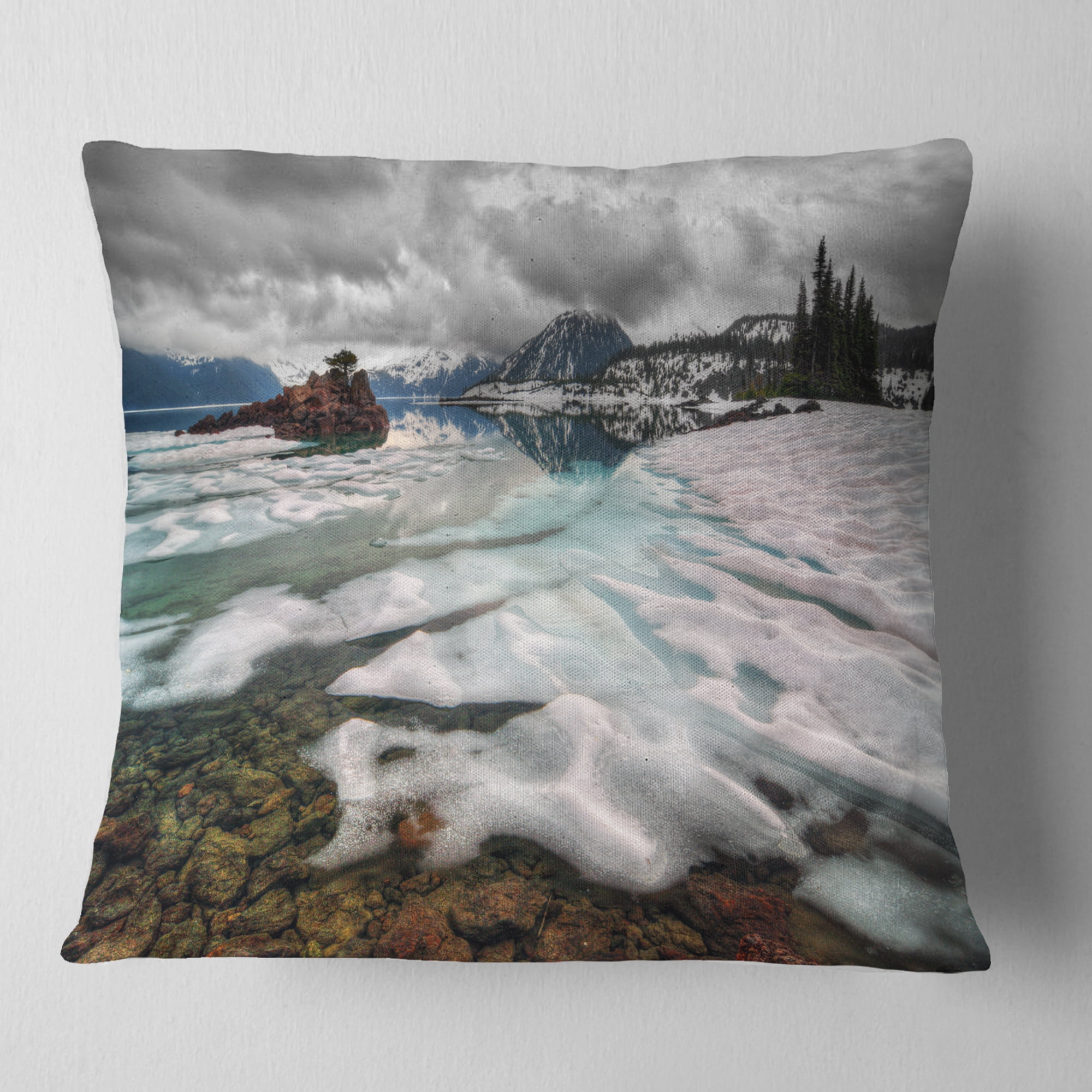 Designart Frozen Mountain Lake Shore - Landscape Printed Throw Pillow - 18x18