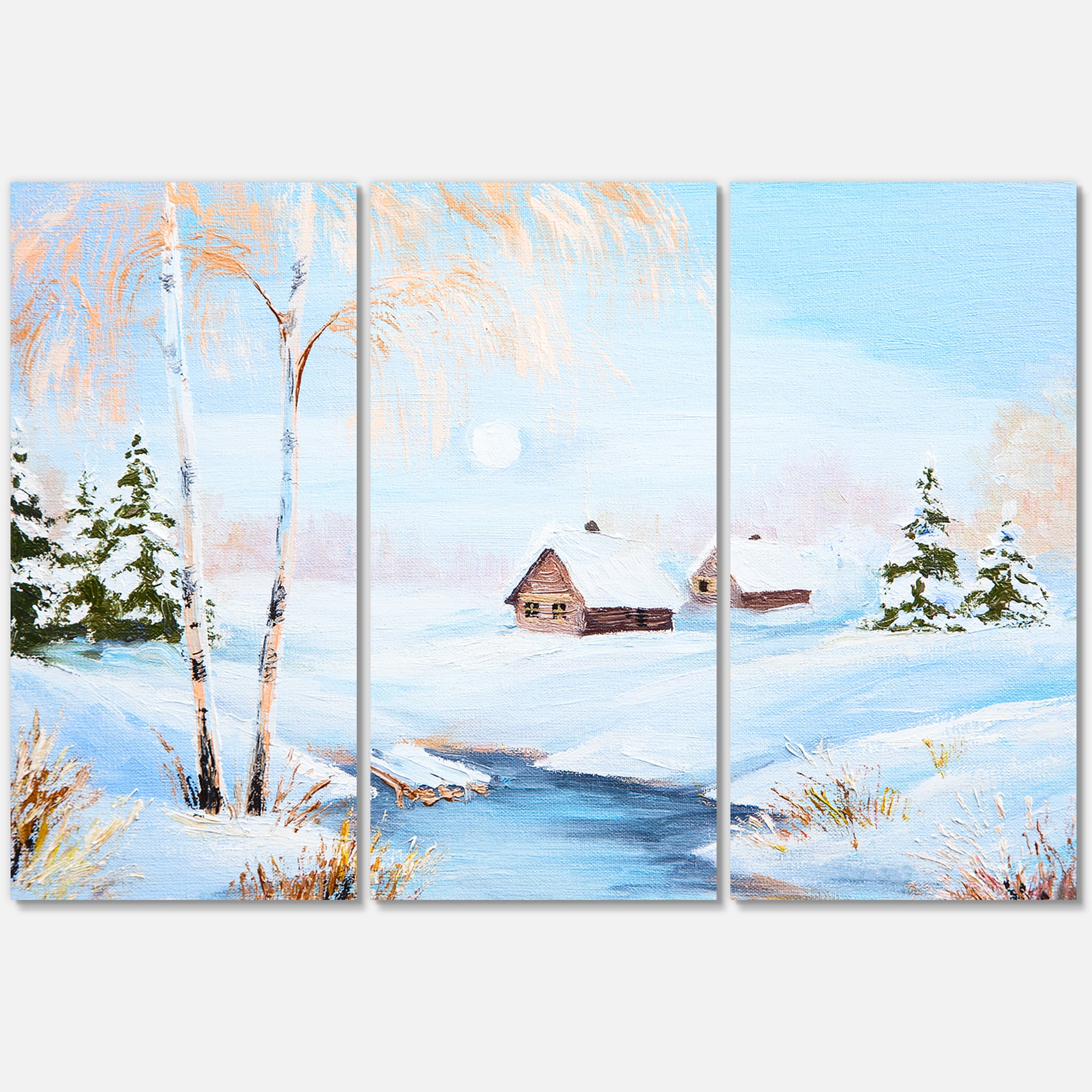 Designart ' Frozen River In The Forest Winter Landscape ' Lake House Canvas Wall Art Print