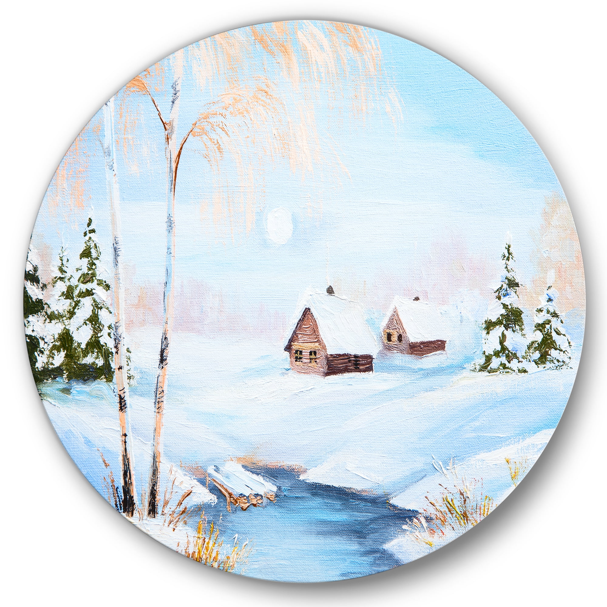 Designart 'Frozen River In The Forest Winter Landscape' Lake House Circle Metal Wall Art 11x11 - Disc of 11