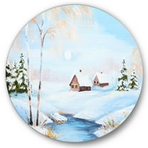 Designart 'Frozen River In The Forest Winter Landscape' Lake House Circle Metal Wall Art 36x36 - Disc of 36