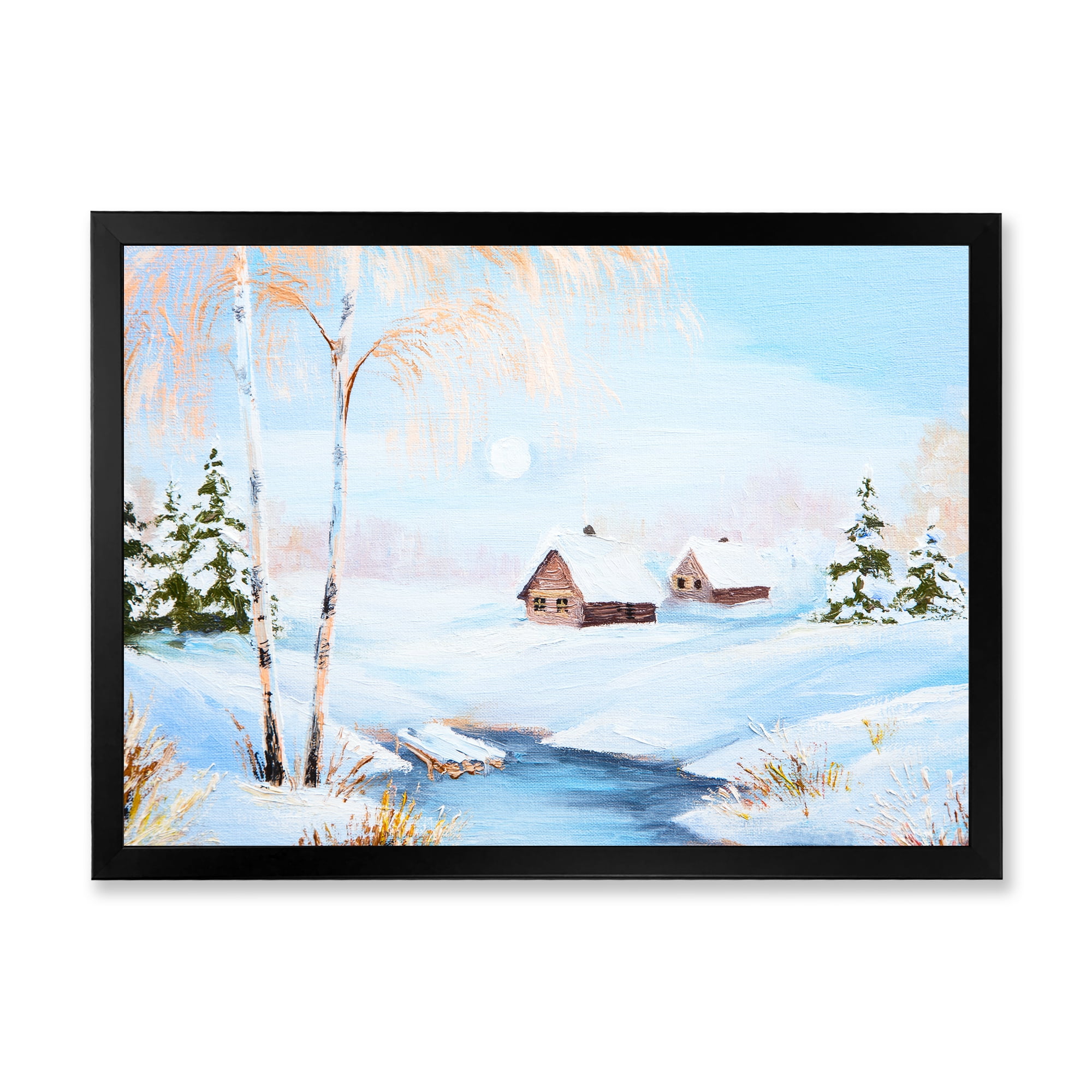 Designart 'Frozen River In The Forest Winter Landscape' Lake House Framed Art Print
