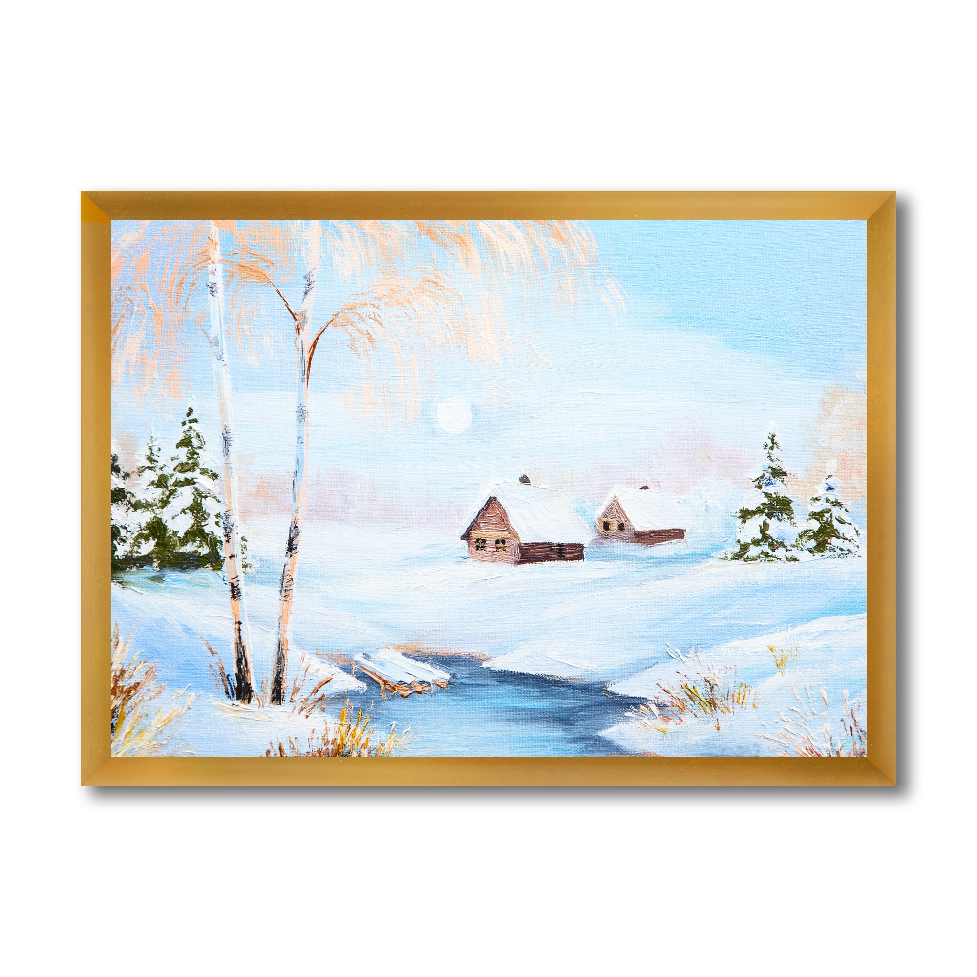 Designart 'Frozen River In The Forest Winter Landscape' Lake House Framed Art Print