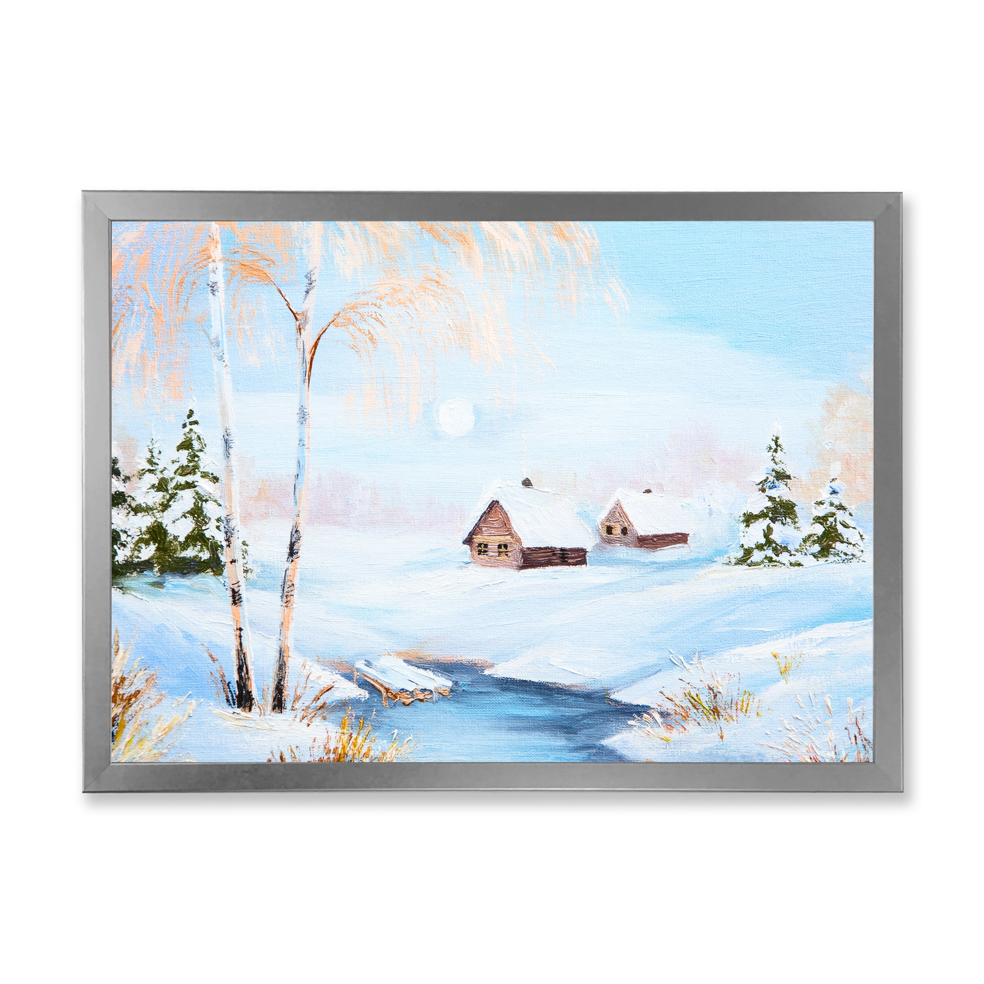 Designart 'Frozen River In The Forest Winter Landscape' Lake House Framed Art Print