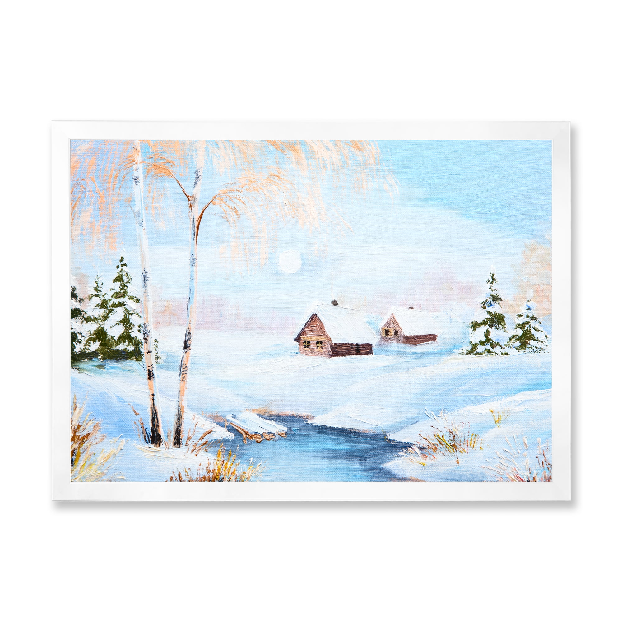 Designart 'Frozen River In The Forest Winter Landscape' Lake House Framed Art Print