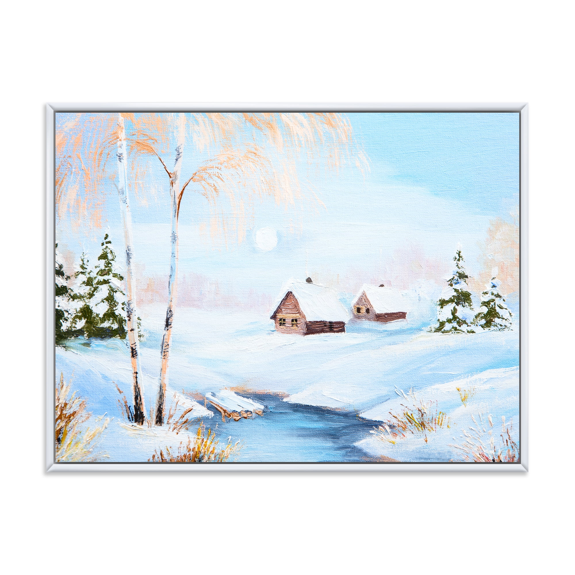 Designart 'Frozen River In The Forest Winter Landscape' Lake House Framed Canvas Wall Art Print