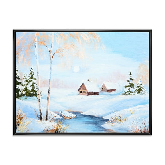 Designart 'Frozen River In The Forest Winter Landscape' Lake House Framed Canvas Wall Art Print