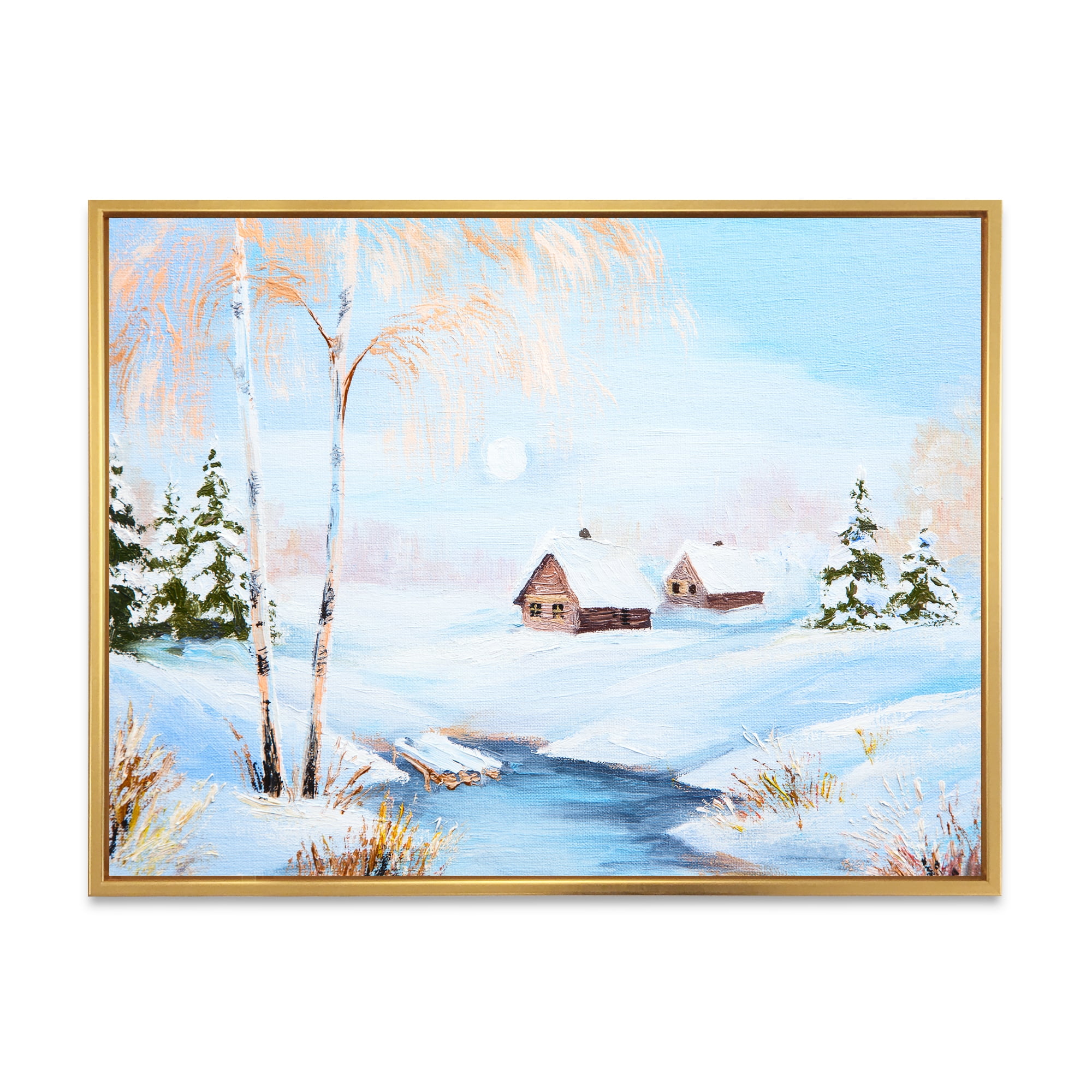 Designart 'Frozen River In The Forest Winter Landscape' Lake House Framed Canvas Wall Art Print