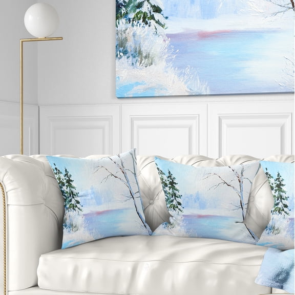Designart Frozen River Oil Painting - Landscape Painting Throw Pillow - 18x18
