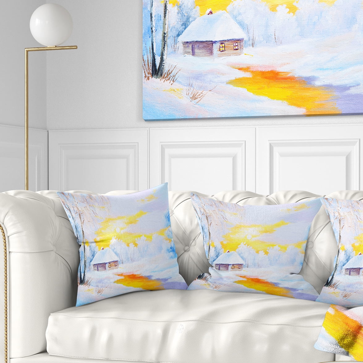 Designart Frozen River in Winter - Landscape Printed Throw Pillow - 18x18