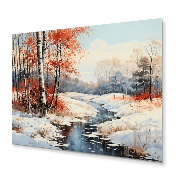 Designart "Frozen River in the Winter Landscape I" Landscapes Metal Wall Art
