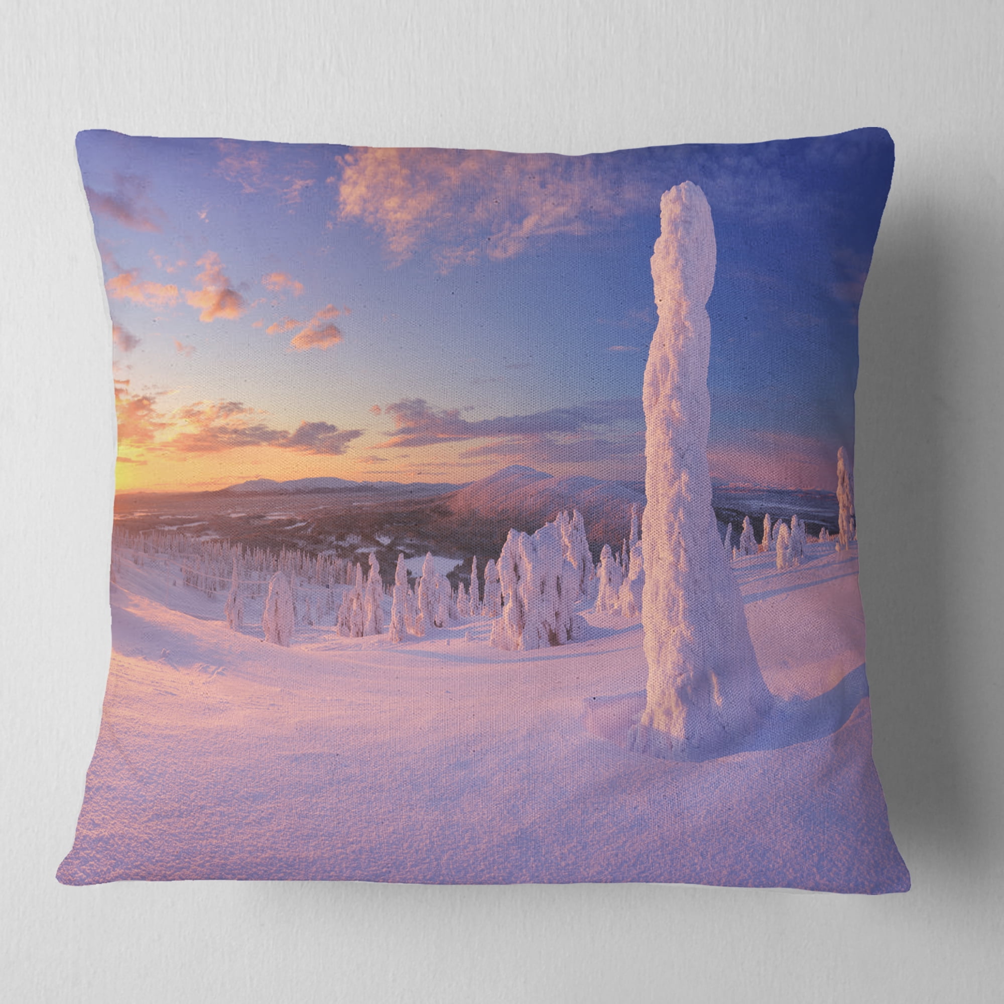 Designart Frozen Trees on Mountain Panorama - Landscape Printed Throw Pillow - 18x18