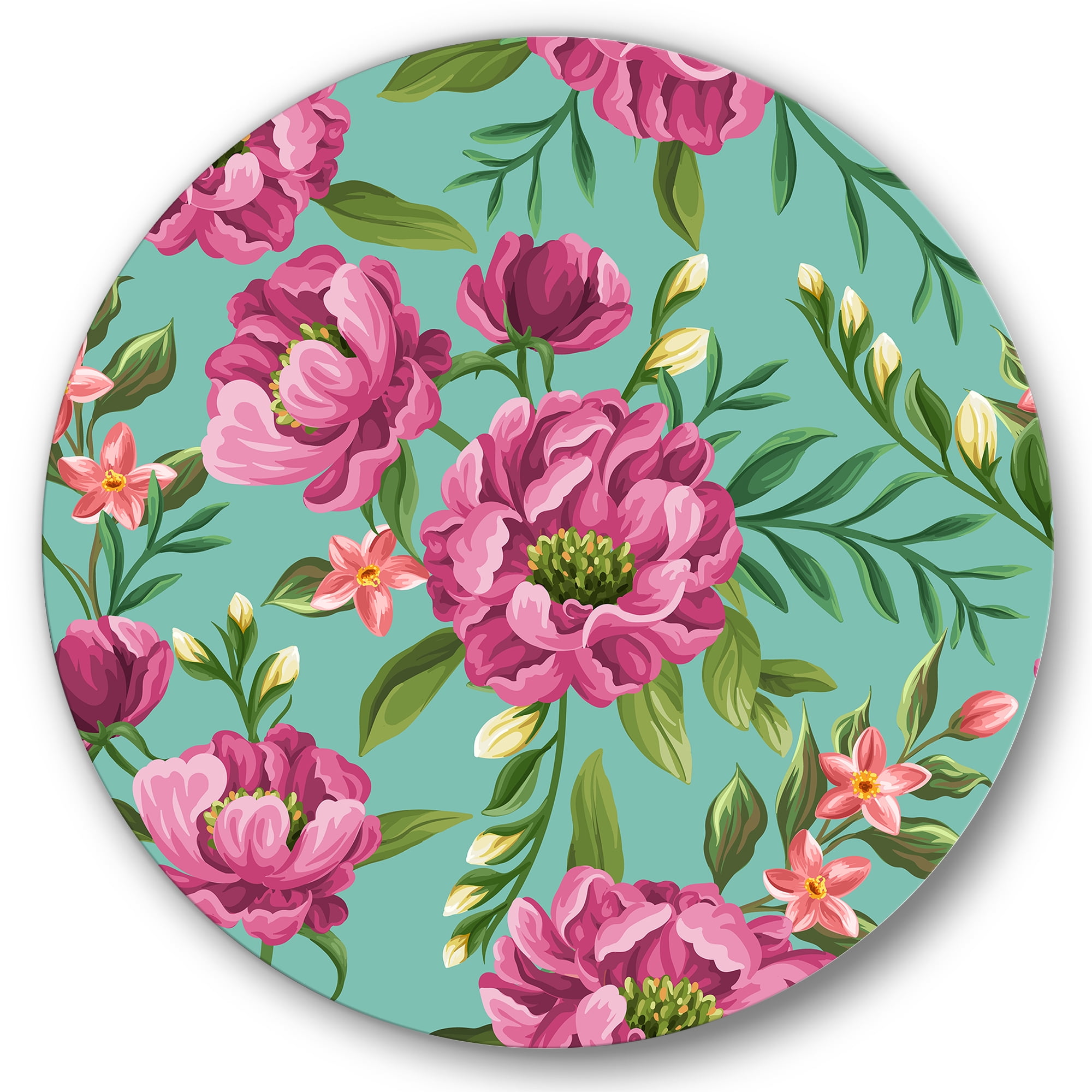 Designart 'Fuchia Pink Flowers On Green VIntage' Traditional Circle Metal Wall Art 29x29 - Disc of 29
