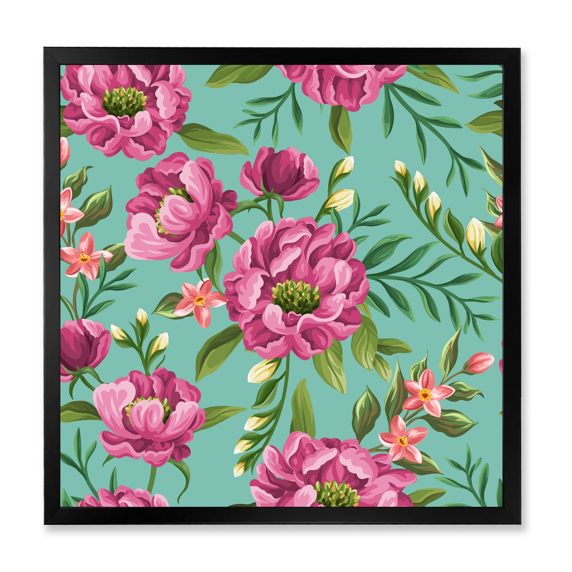 Designart 'Fuchia Pink Flowers On Green VIntage' Traditional Framed Art Print