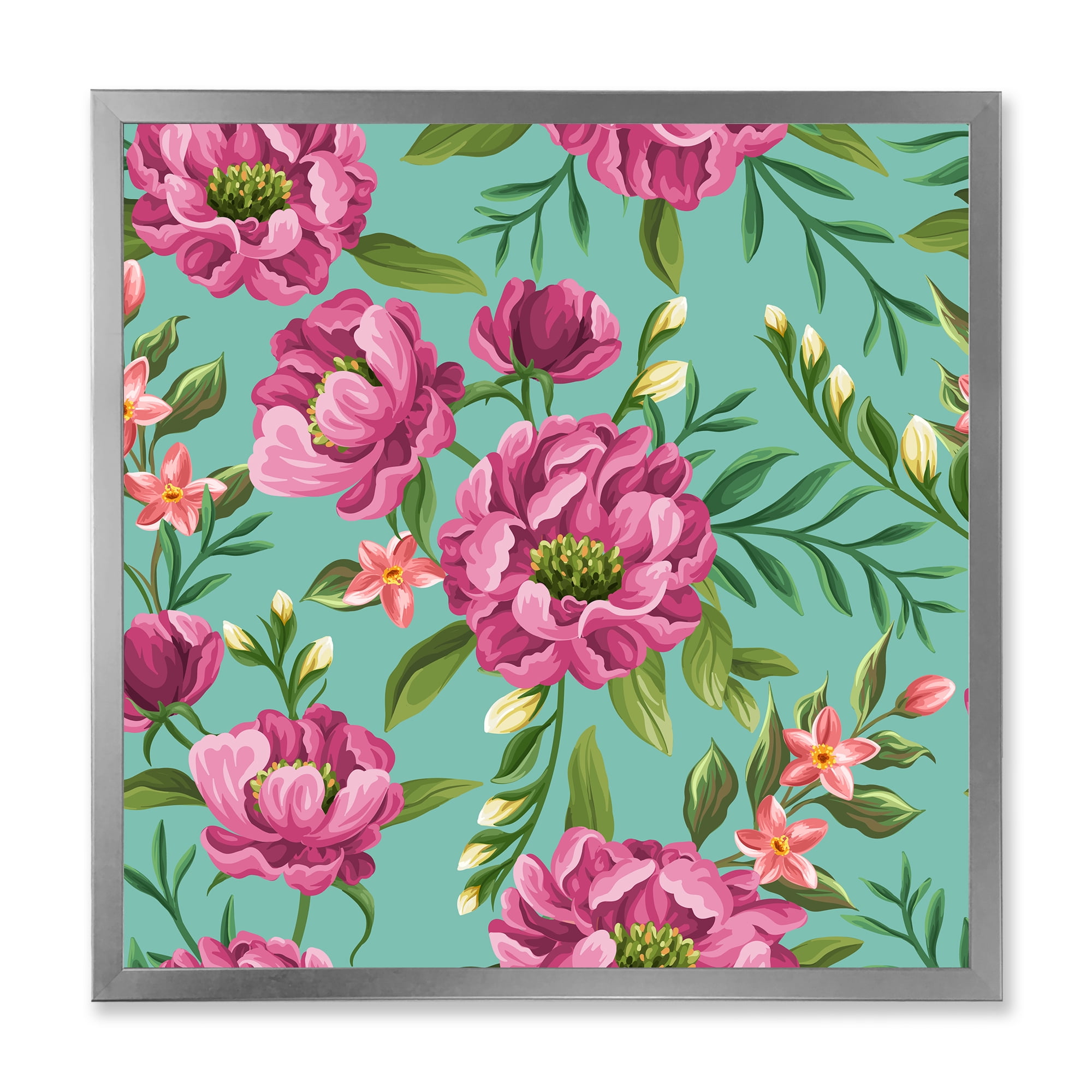 Designart 'Fuchia Pink Flowers On Green VIntage' Traditional Framed Art Print