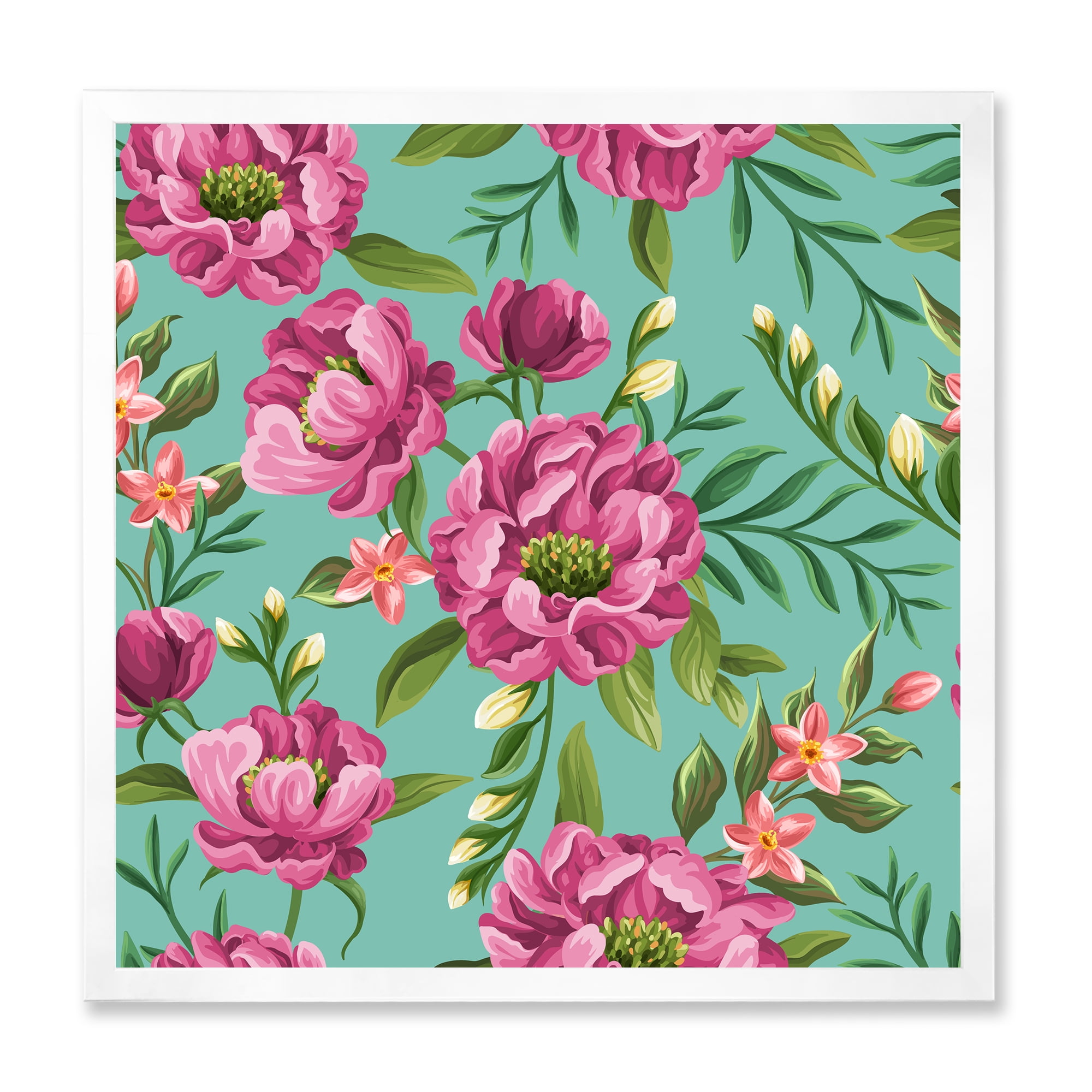 Designart 'Fuchia Pink Flowers On Green VIntage' Traditional Framed Art Print