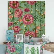 Designart 'Fuchia Pink Flowers On Green VIntage' Traditional Print on Natural Pine Wood