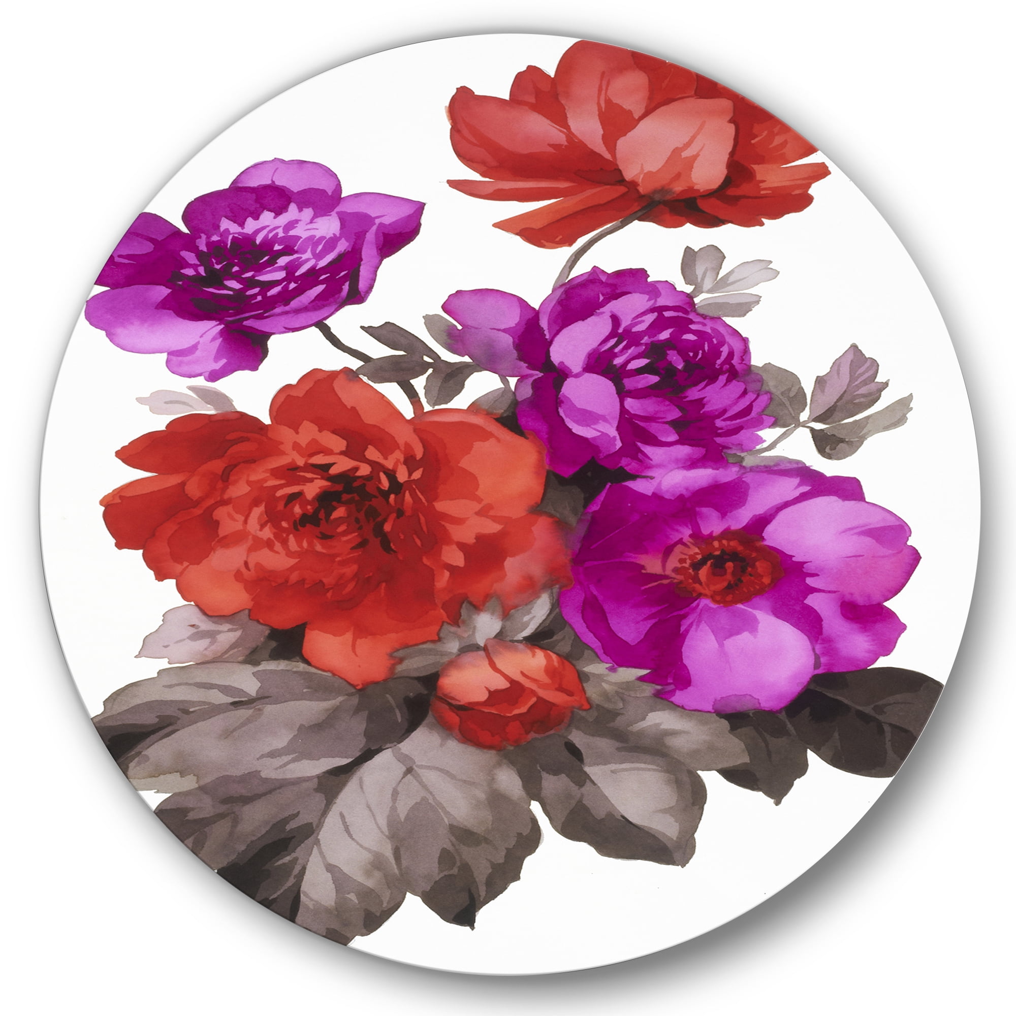Designart 'Fuchia and Red Flowers' Traditional Circle Metal Wall Art 11x11 - Disc of 11