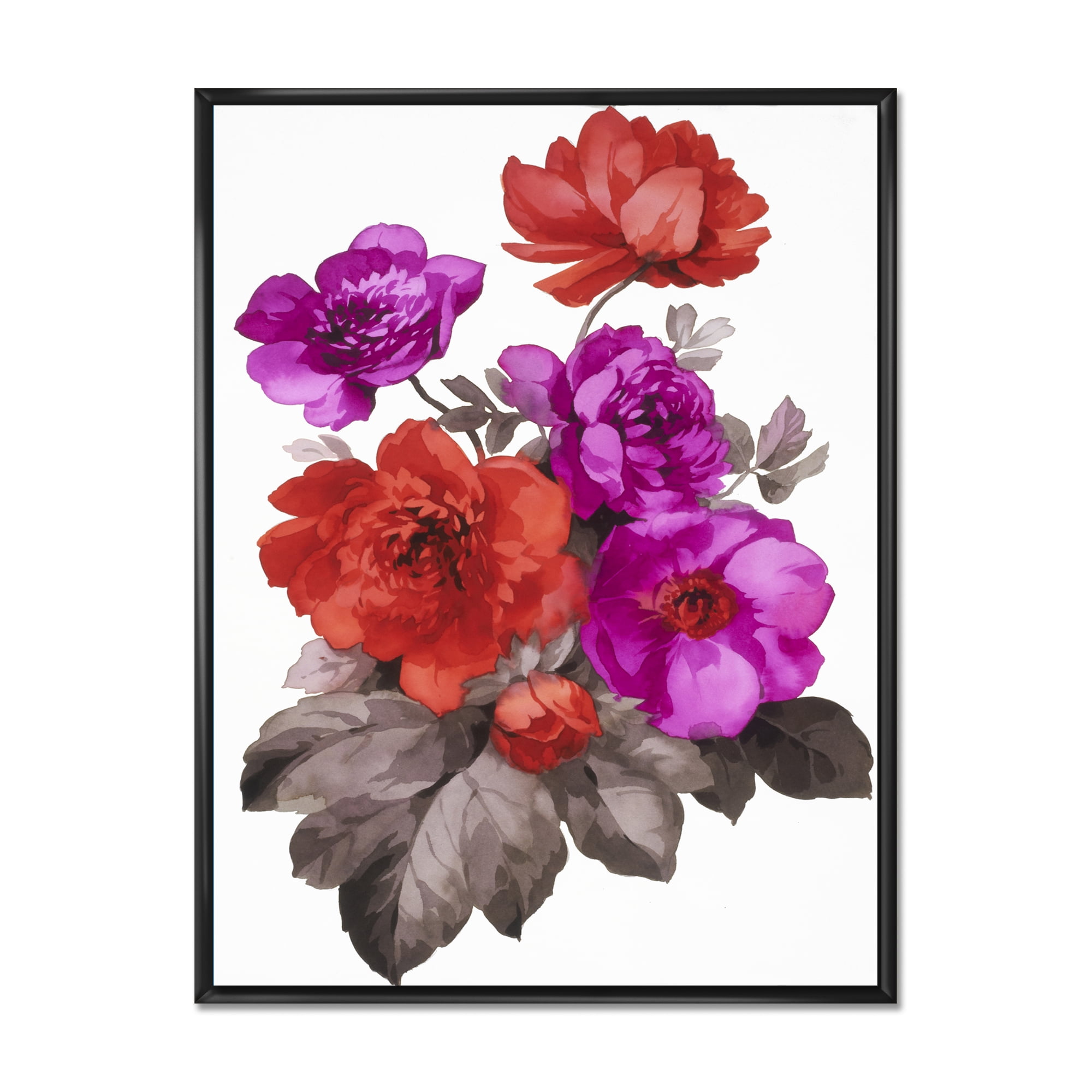 Designart 'Fuchia and Red Flowers' Traditional Framed Canvas Wall Art Print