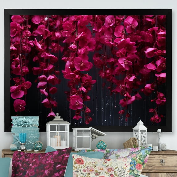 Designart "Fuchsia Flowers Cascade in Pink and Black" Floral Framed Wall Art Decor - Traditional Pink Fuschia Bedroom Framed Canvas Wall Art