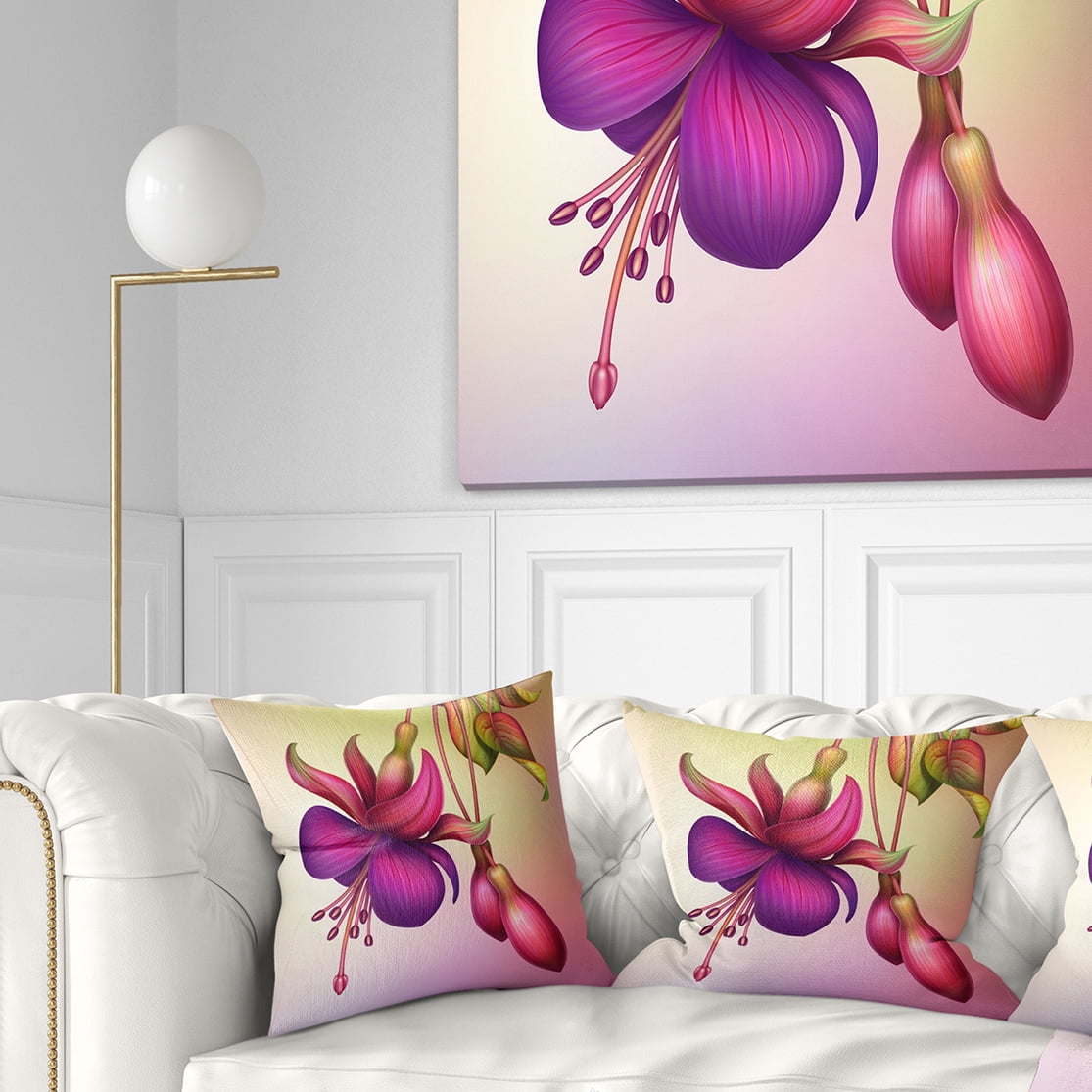 Designart Fuchsia Flowers with Green Leaves - Floral Throw Pillow - 18x18