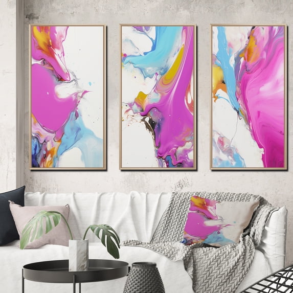 Designart "Fuchsia & Sky Fluid Dream III" Abstract Framed Wall Art Set Of 3 - Purple Abstract Frame Gallery Wall Set For Home Decor