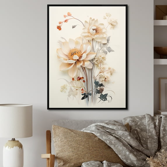 Designart "Full Bloom Of Beige Floral Beauty V" Plants Floater Framed Canvas Prints