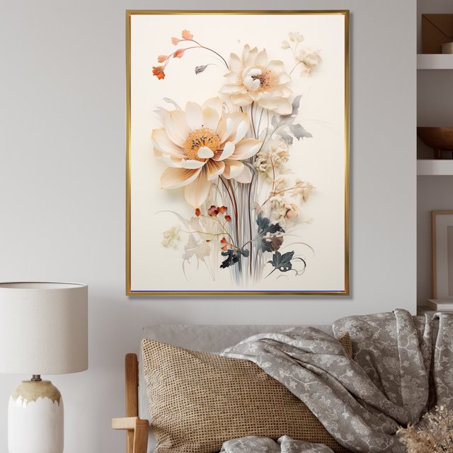 Designart "Full Bloom Of Beige Floral Beauty V" Plants Floater Framed Canvas Prints