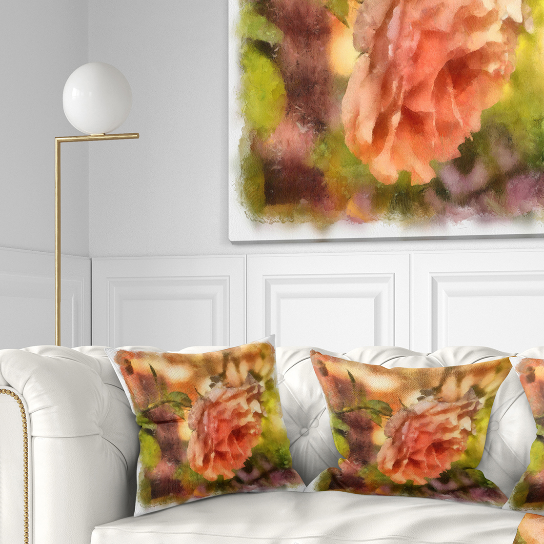 Designart Full Bloom Orange Rose Watercolor - Floral Throw Pillow - 18x18