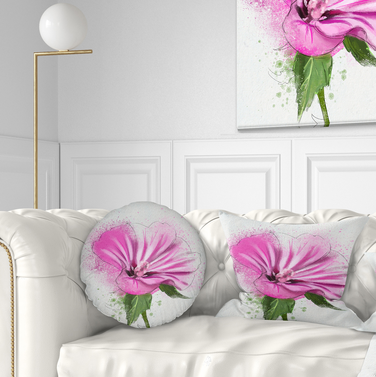 Designart Full Bloom Pink Flower with Leaves - Floral Throw Pillow - 12x20
