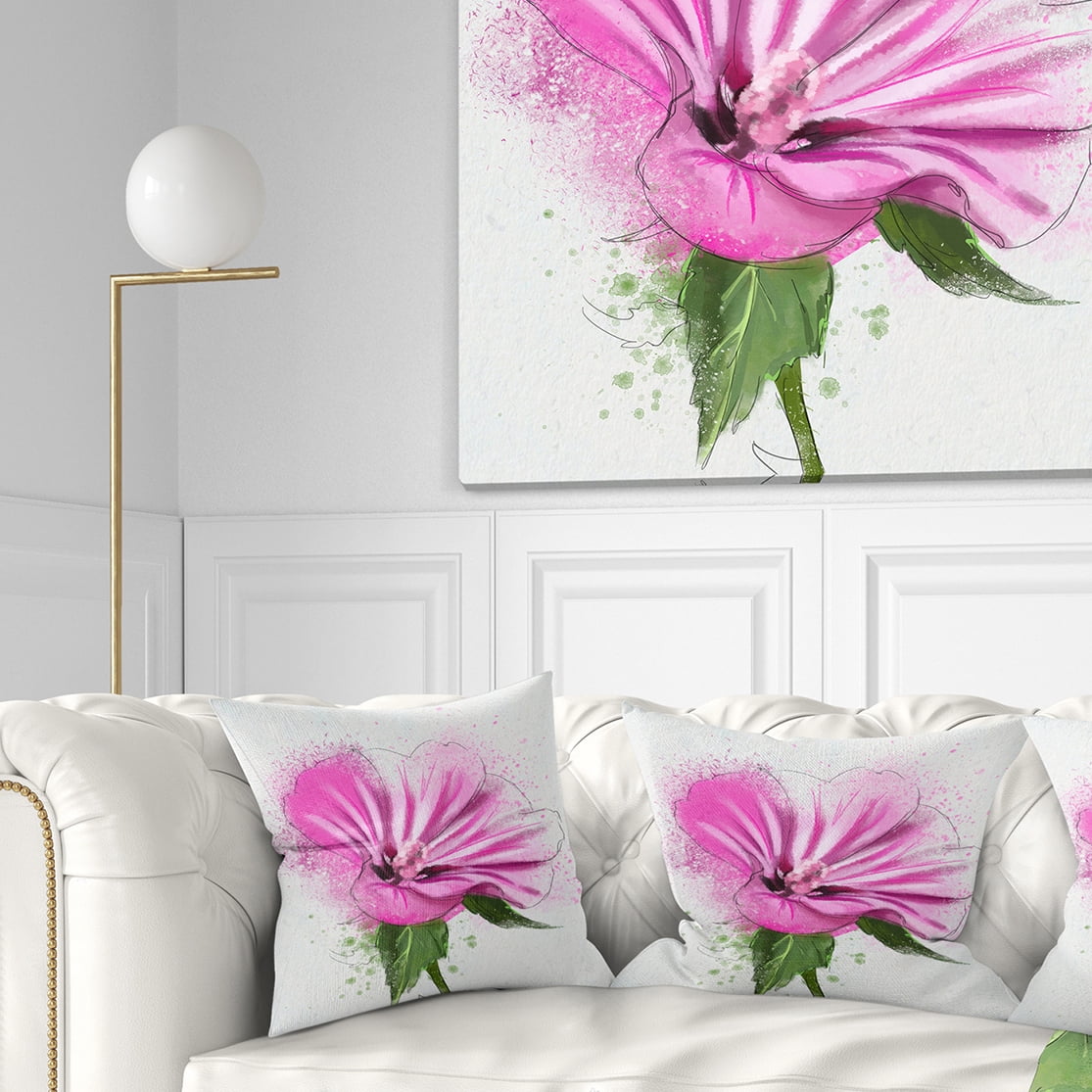Designart Full Bloom Pink Flower with Leaves - Floral Throw Pillow - 18x18