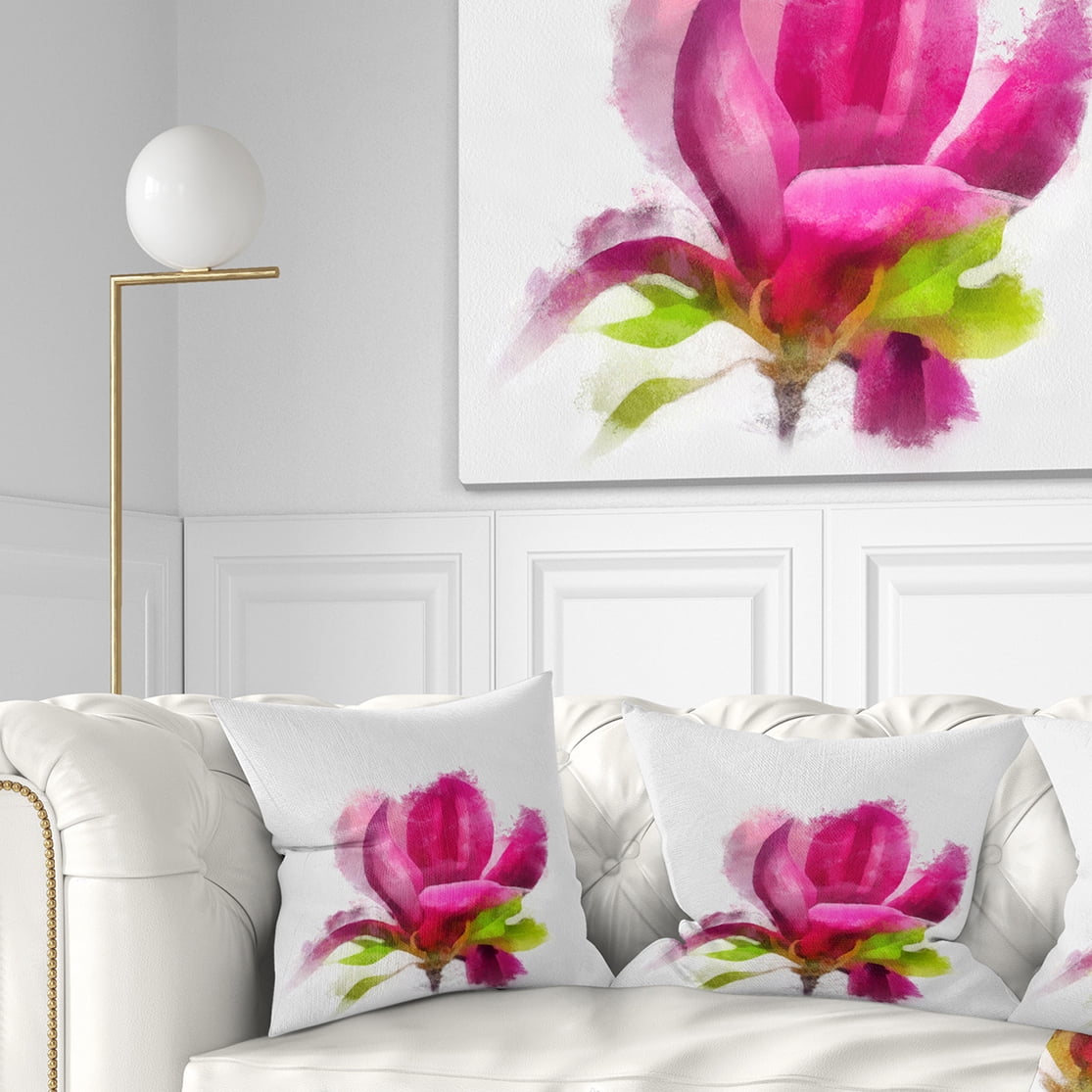 Designart Full Bloom Pink Magnolia Flower - Floral Throw Pillow - 16x16